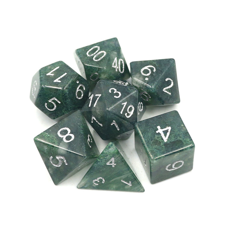 Natural Moss Agate Gemstone Polyhedral Dice Set - Hand Carved DND Dice with Silver Ink Engraved Numbers