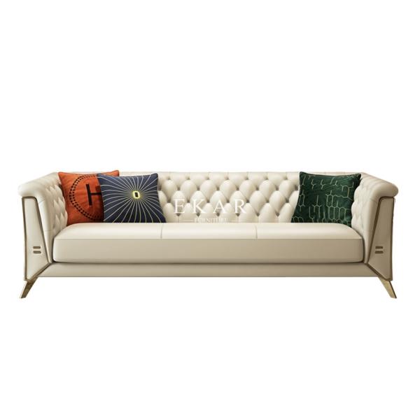 Modern Style Metal Legs Tufted Leather 3 Seater Sofa