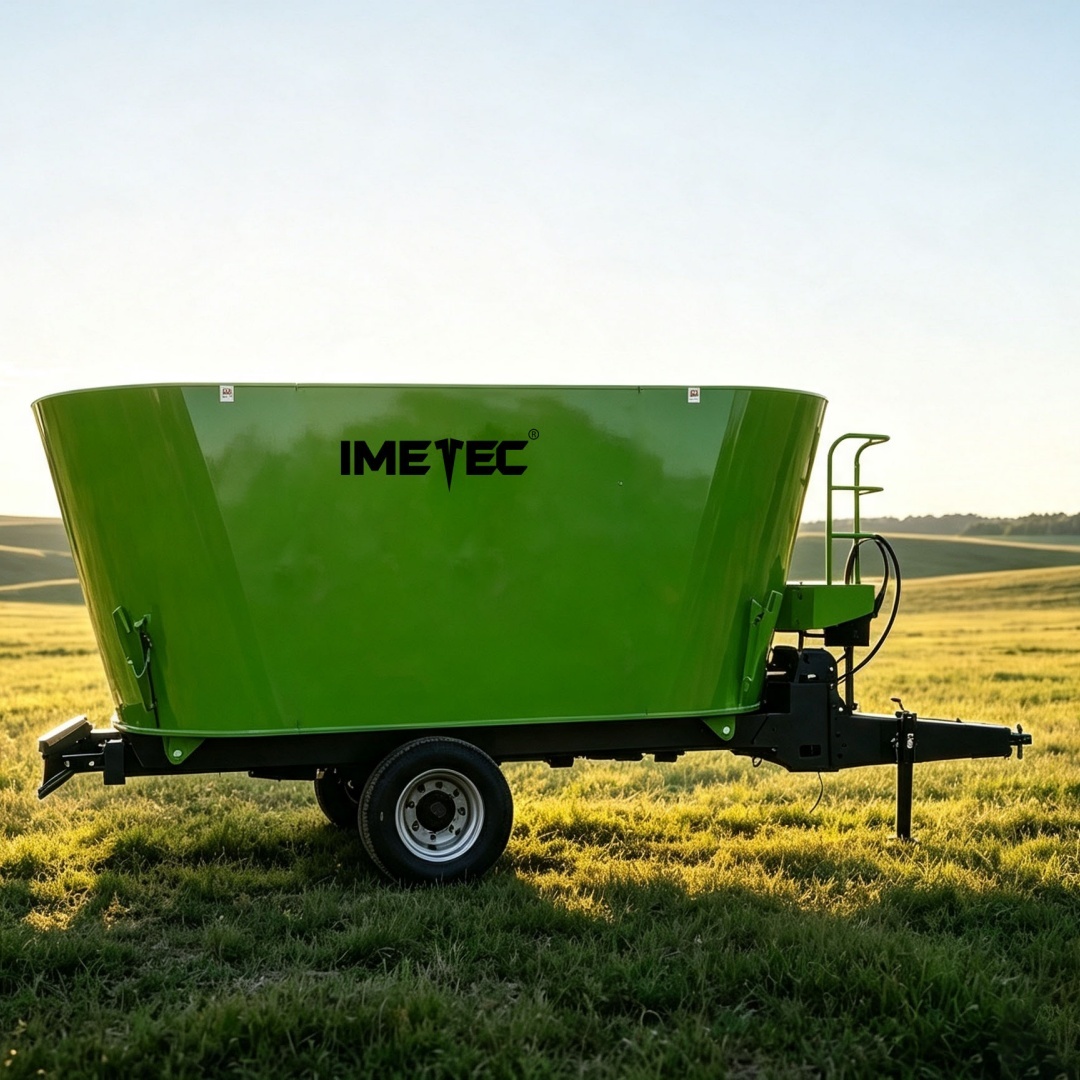 IMETEC Vertical Auger TMR Mixer with Stainless Steel Construction and Hydraulic Unloading Door for Dairy & Beef Farms