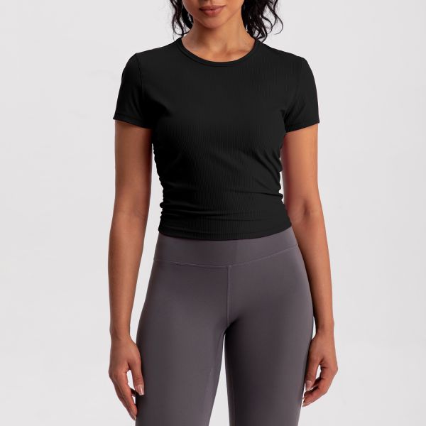 Ribbed Short Sleeve Women Activewear Tops Beige Slim Fit Moisture Wicking