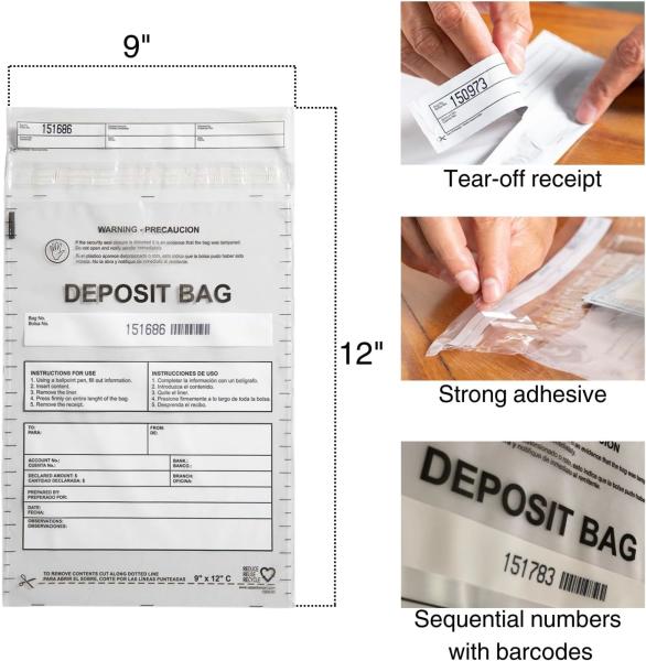 Clear Deposit Bags, Tamper-Evident Bags, Security Bank Pocket, Transportation | Sequential Barcodes | Tamper-Evident