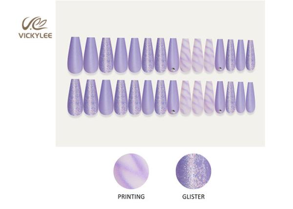 Long Coffin Ballerina OEM Purple DIY Fake Nails With Crystal Stone
