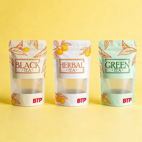 Custom Logo Heavy-Duty Durable Food Grade BPA Free PE Tea Stand up Pouch with Resealable Zipper Top Tear Notch & Clear Window
