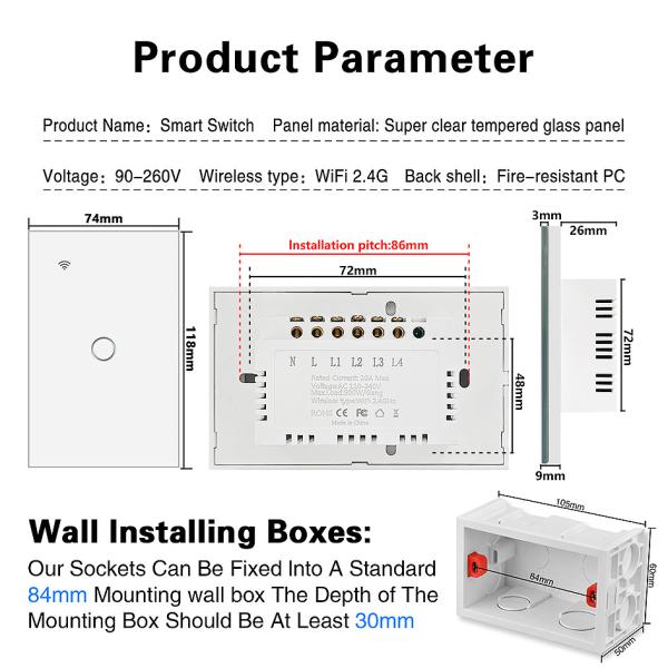 2Gang Live Wire Control Tuya Smart Light Switch WI FI Embedded Installation with 5-400W Maximum Load