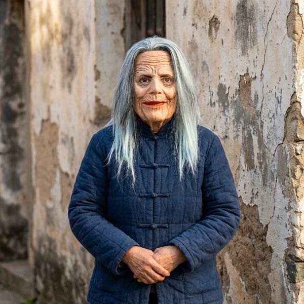 Scary Old Witch Mask with Long Pale Blue Hair, Wrinkled Latex Female Mask for Halloween Cosplay & Haunted House