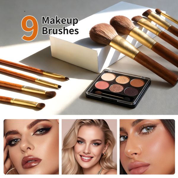 9-Piece Vintage Wooden Handle Makeup Brush Set with Gold Sandblasted Aluminum Ferrules and Ultra-Soft Dual-Tone Nylon Bristles