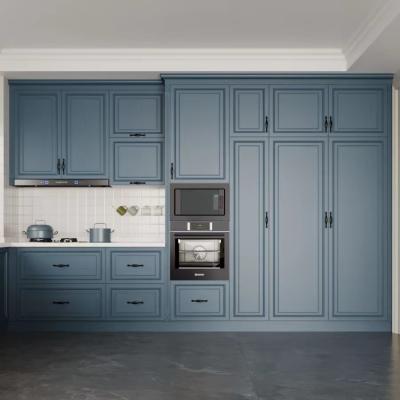 Melamine Solid Wood Laminate Blue Gray Kitchen Cabinets Scratch Resistant Traditional Cabinets Kitchen