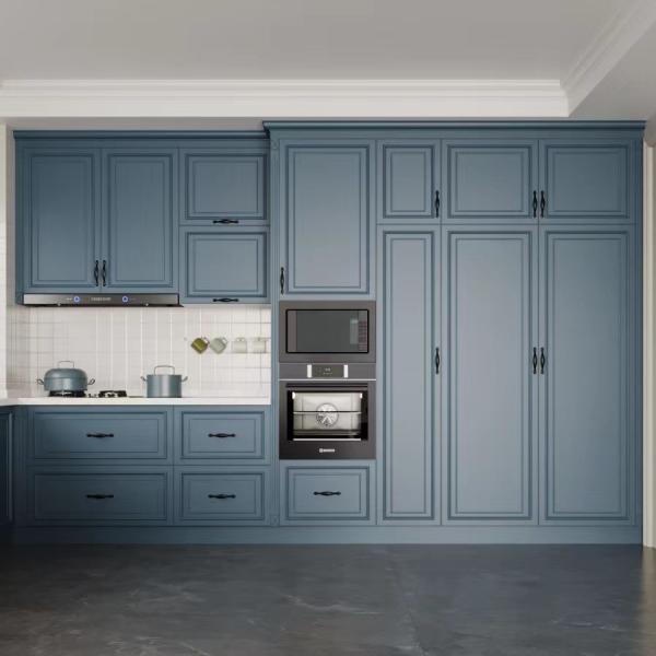 Melamine Solid Wood Laminate Blue Gray Kitchen Cabinets Scratch Resistant Traditional Cabinets Kitchen