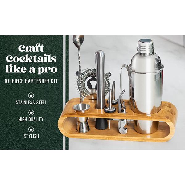 Minimalist Design 10 in 1 Stainless Steel Cocktail Shaker Set with Wooden Stand 750ml