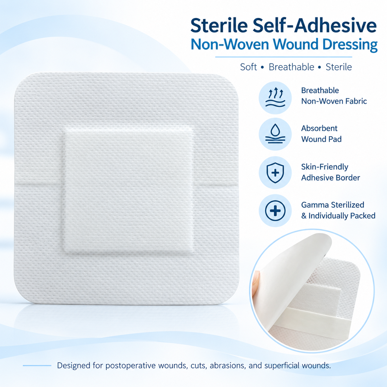 Sterile Self-Adhesive Non-Woven Wound Dressing - Breathable, Absorbent, and Skin-Friendly for Postoperative Wounds