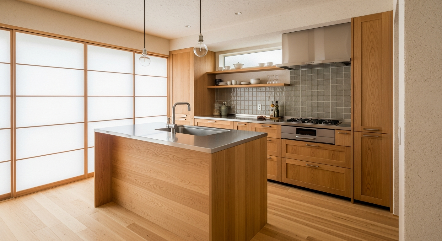 Japandi Honey Oak Kitchen Cabinet in 304 Stainless Steel
