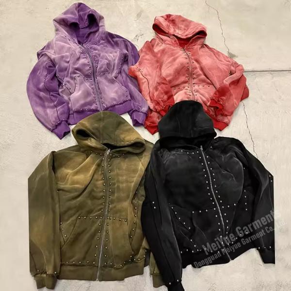 Heavy Cotton Pullover Rivet Oversized Rhinestone Hoodie Anti Shrink 480 Grams