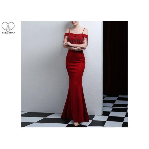 Sling Sexy Burgundy Mermaid Style Prom Dress Off Shoulder Short Sleeve Tassels