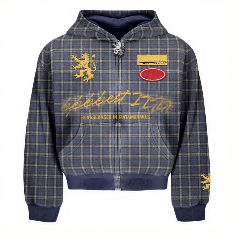 Men’s Vintage Blue Plaid Zip-Up Hoodie | Gold Lion Crest Embroidery & Patches | Oversized Streetwear Style