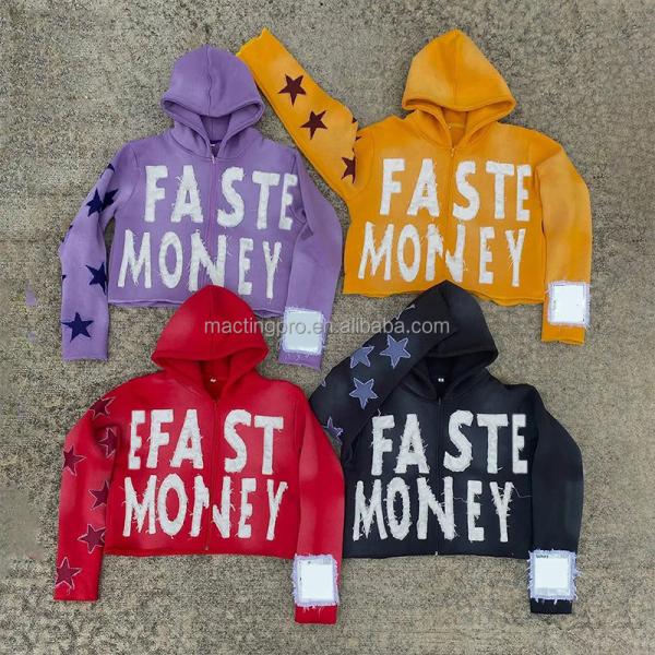 Brown Blue Black Distressed Hoodie Mens Autumn Season Embroidery Boxy Zip Up Hoodie