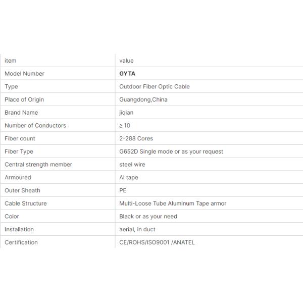 48 72 96 144 288 Серебряный цепной свободный трубный оптиковолоконный кабель GYTA GYTS