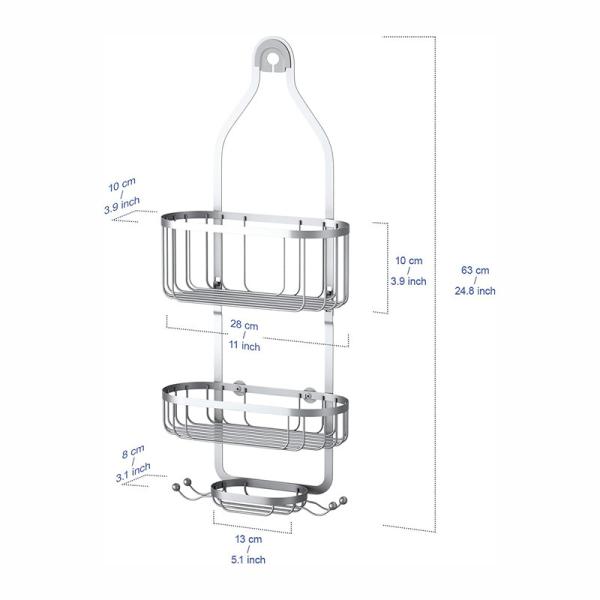 Non-slip Stylish Silver Shower Caddy Shower Storage Rack Basket with Hooks for Razor and Sponge