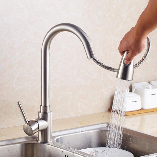 Gold long neck extendable pull out brass kitchen basin faucet  For Hotel Use