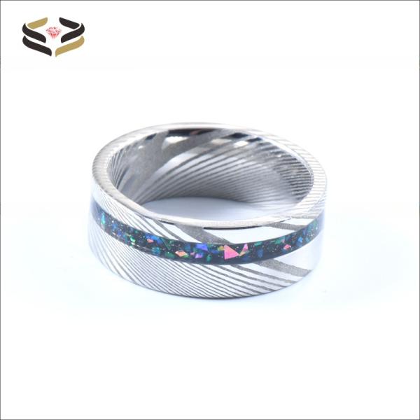 Galaxy Opal Silver Damascus Wedding Band custom Logo 8mm For Men