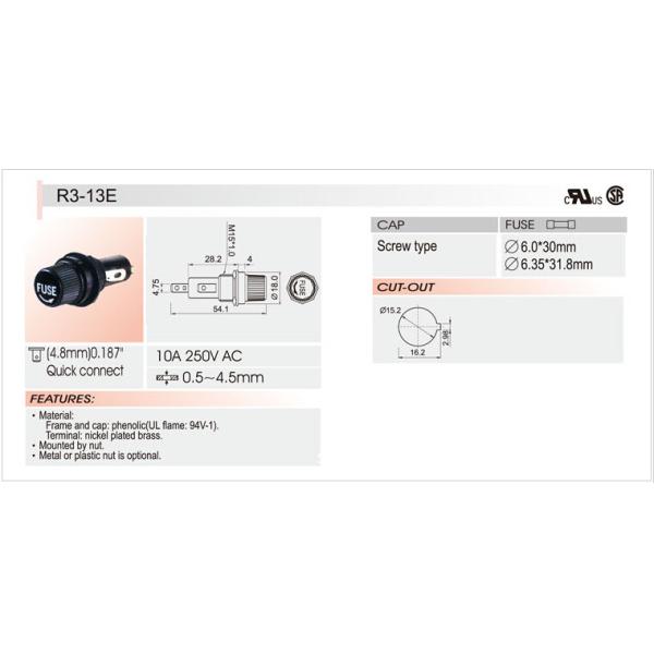 UL патрона предохранителя R3-13 250V 10A аттестовал плавкую часть предохранителя для взрывателей трубки 6x30 6x32