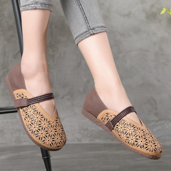 S057  new retro hollow stitching leather women's shoes original handmade velcro shallow mouth single shoes lazy shoes