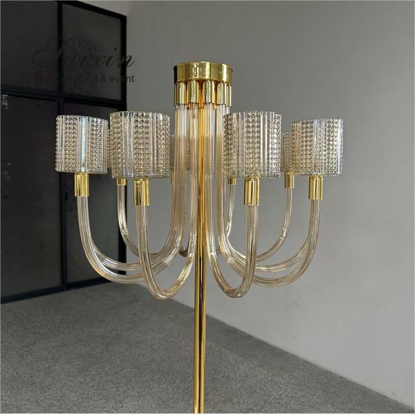 Nouveaux modèles porte-bougies de cristal décor de mariage fournitures d'or 10 bras chandelier centre