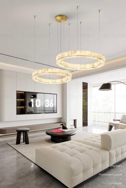 Custom European Modern Unique Circle Ring Lighting White Natural Led Alabaster Chandelier For Living Room Dining Room