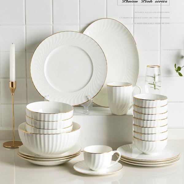 Gold line White Bone china embossed tableware Wedding Ceramic charger plate Dinner plate dish bowl mug coffee cup freely