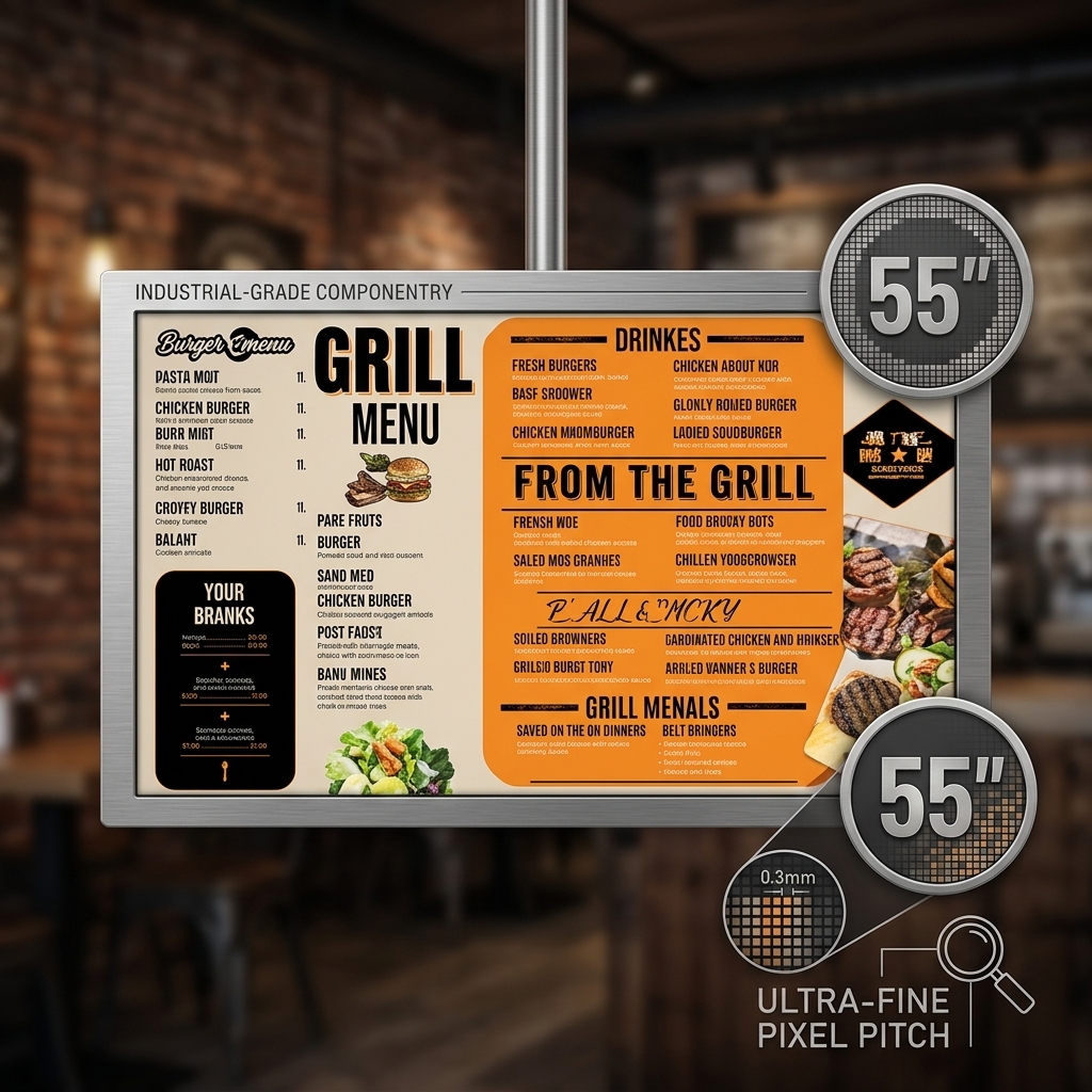 QM-5515GPW 55 Inch 4K Ultra HD Digital Menu Board with Ultra Narrow Bezel and Cloud CMS Management for Restaurants