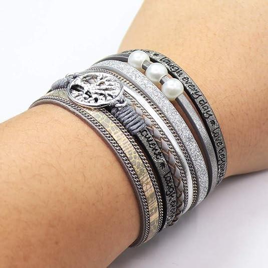Leather Multi Layer Wrap Wide Magnetic Buckle Bracelet Bohemian Tree Of Life Series