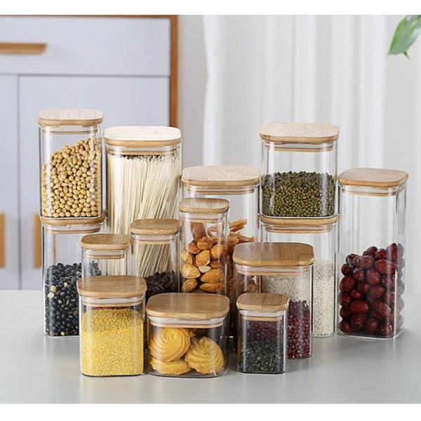 Modern Design Food Storage Container with Bamboo Wood Lid 300ml 500ml Spice Glass Jar