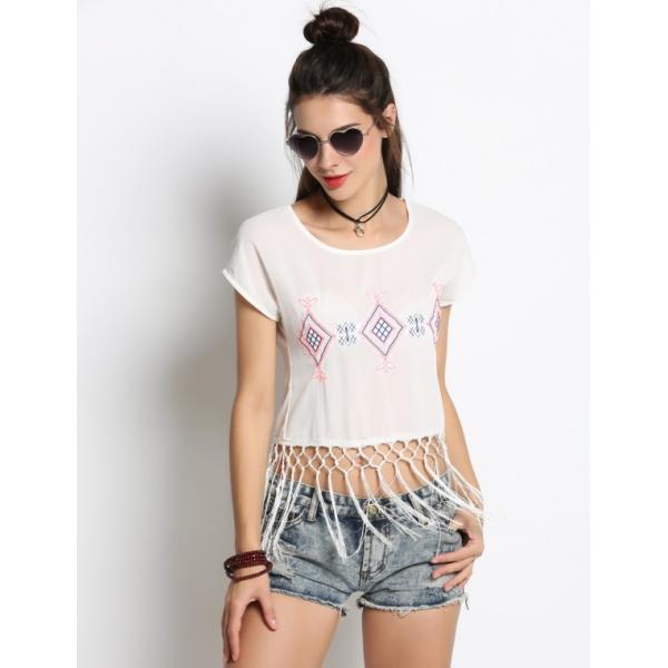 tops for women 2016 Women Round Neck Embroidery Tassel Blouse Crop Tops