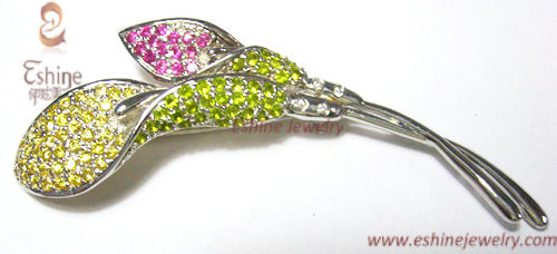 Vivid Brass Mult-color CZ Lily brooch by pink, green & yellow + Genuine White Rhodium