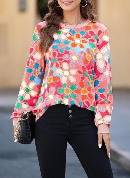 Casual Polka Dots Tops Crewneck Long Sleeve Shirts Lightweight Loose Sweatshirts