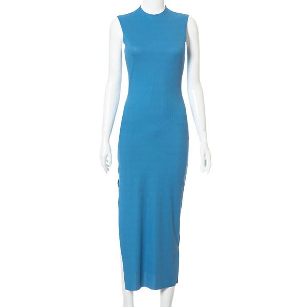 Round Neck High Waist Split Sleeveless Casual Maxi Dress