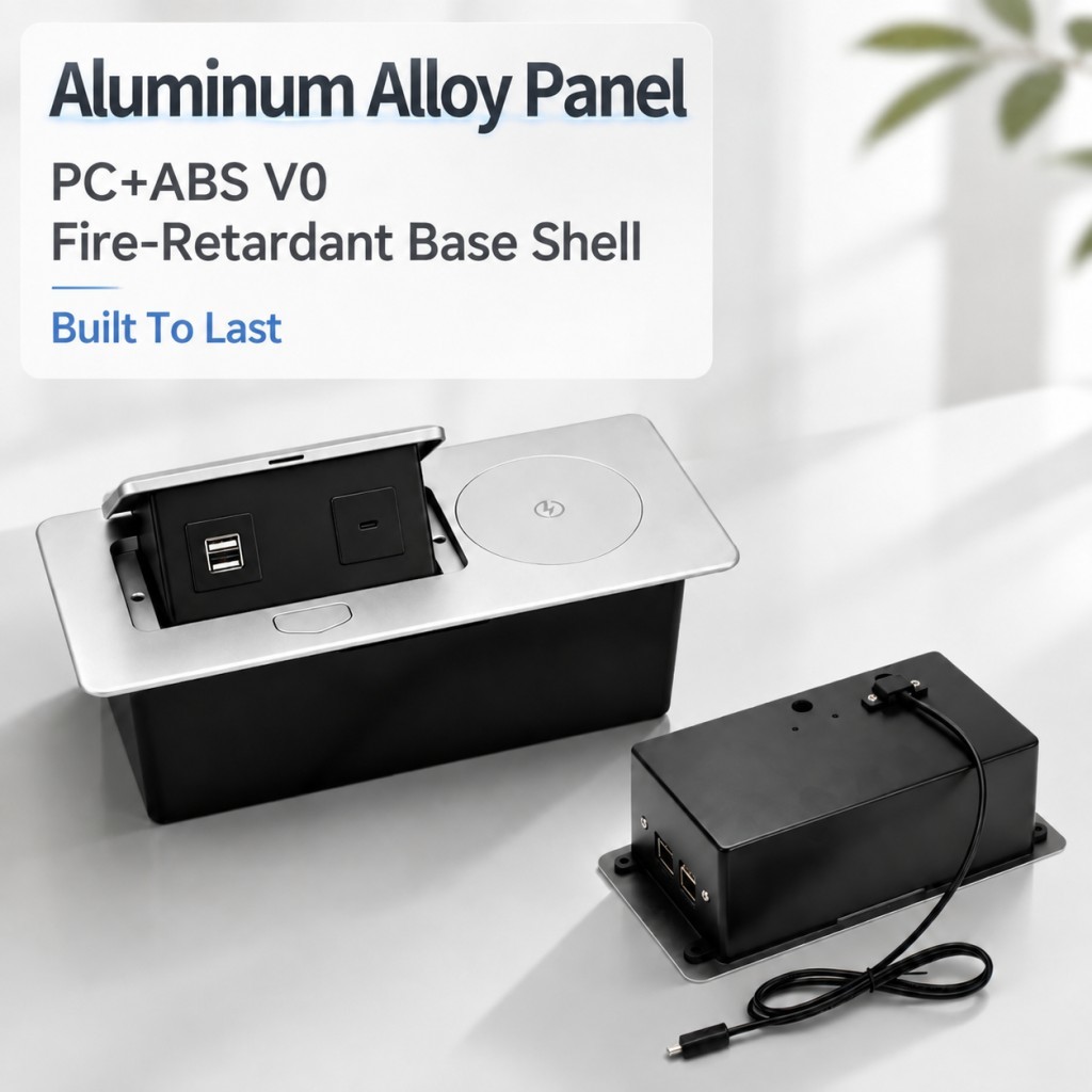 Pop-Up Power Grommet Hub with 20W USB-C Fast Charging and 15W Wireless Charger in Fire-Retardant Aluminum Design