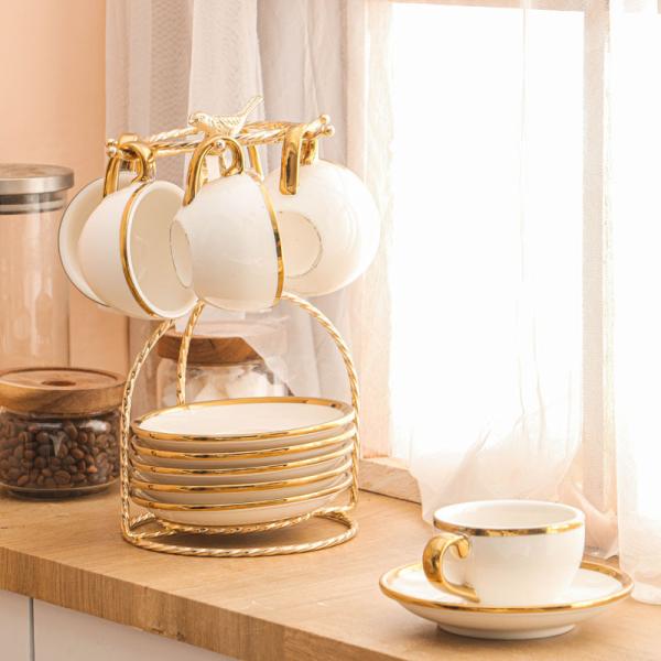 Round Plain White Novelty Ceramic Tea Cups Gold Rim printing
