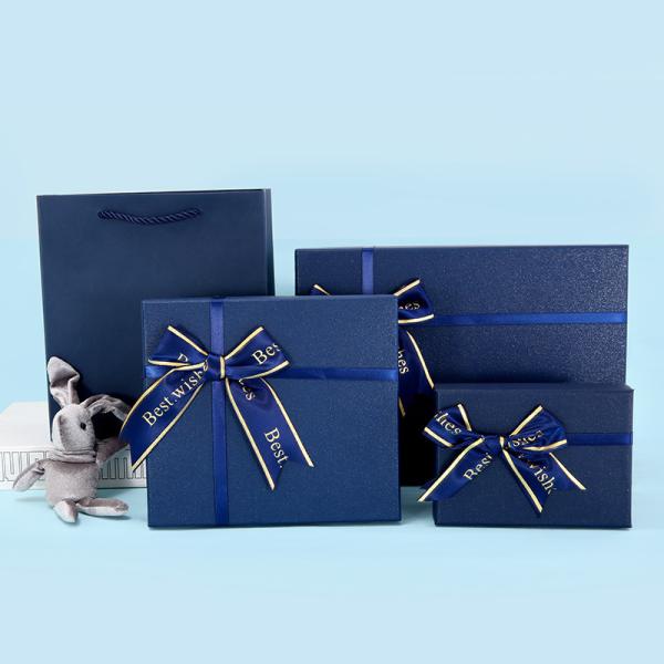 Blue Gift Box Rectangular Bow Gift Box World Cover Packaging High-End Gift Box