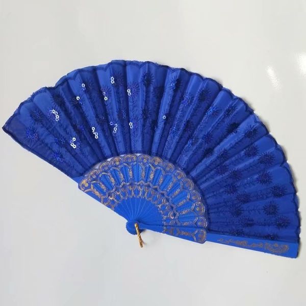 Hot Selling Foldable Hand Held Fan Black Plastic Embroidery Sequin Hand Fan