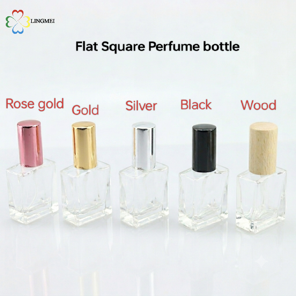 Wholesale Flat Square Glass Perfume Atomizer Bottles | 10ml, 15ml, 30ml Empty Refillable Spray Bottles with Metallic Aluminum& Wooden Caps