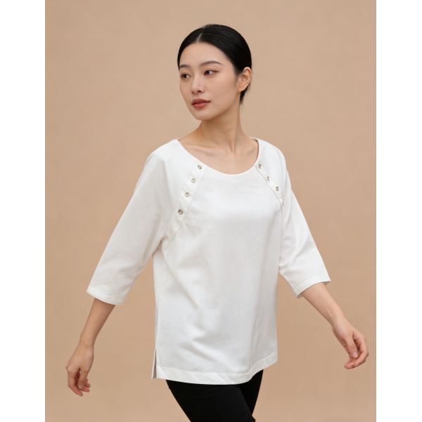 Modern Minimalist White Blouse with Shoulder Button Accents - 3/4 Sleeve for Office & Everyday