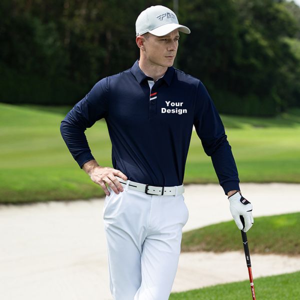Custom Logo Men Regular Fit Long Sleeve Golf Polo Shirt, 92%/90% Polyester 8%/10% Spandex Medium Stretch Quick Dry Athletic Golf Training Top Custom Color