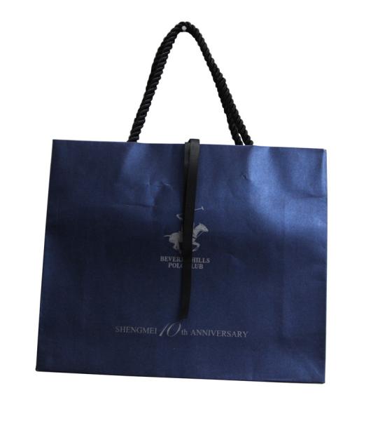 Navy Recycle Paper Cotton Twist Handle Ribbon Cloure Logo Stamped Paper Carrier Bags