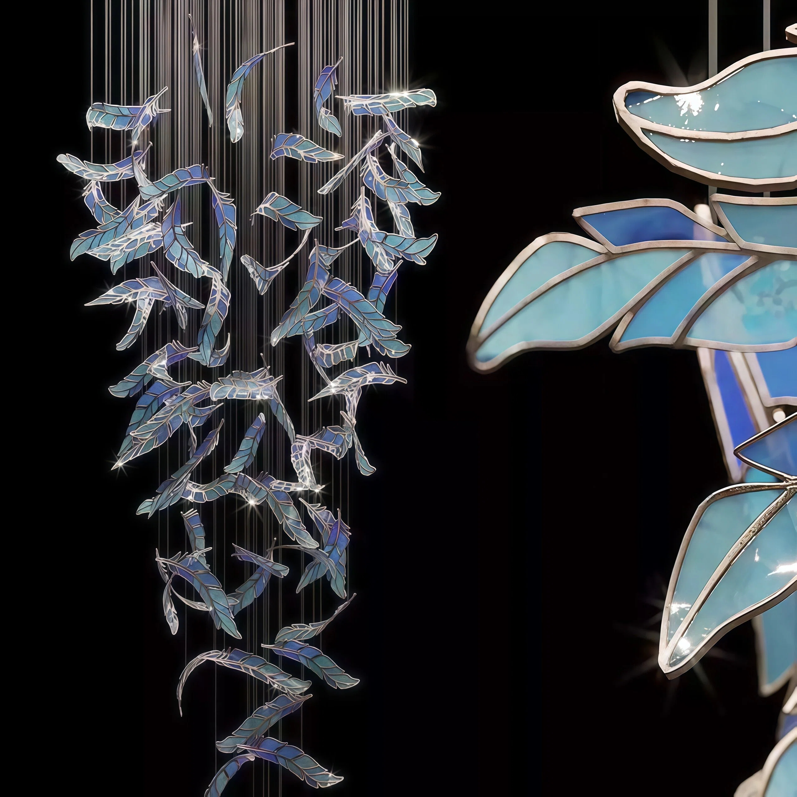 JYLIGHTING Artistic Feather Glass Custom Chandelier, Tall Vertical Suspension Lighting for High Ceiling Villa Stairwell and Lobby Interior Decoration