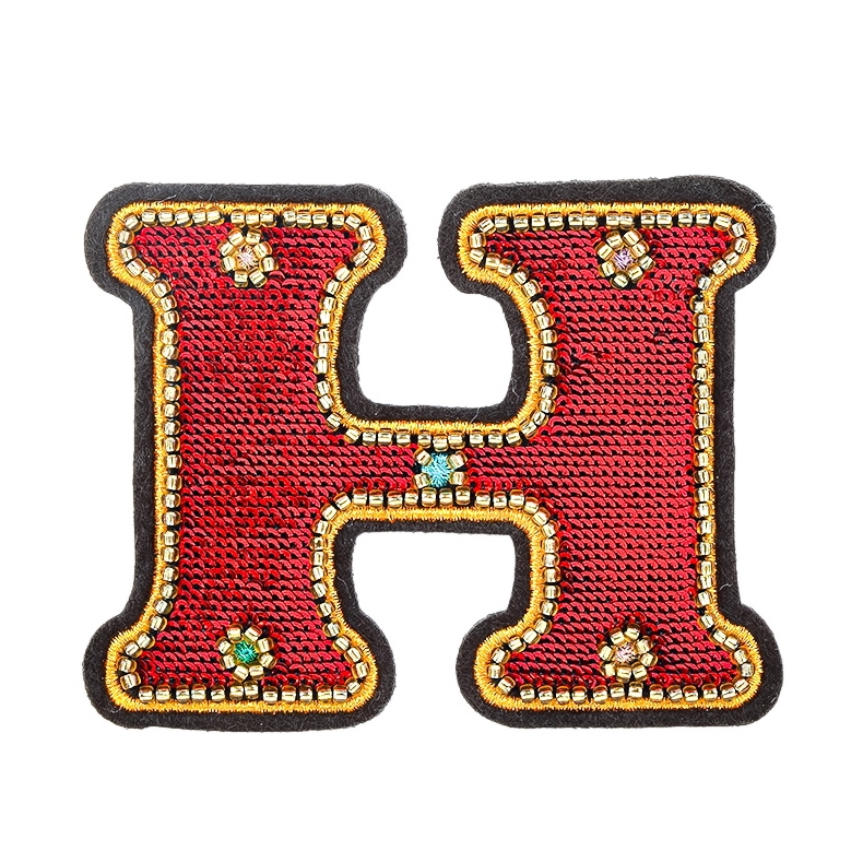 Custom Size Luxury Red Sequin Bead Diamond Embroidered Letter Patch Exquisite PU Rubber Letter Patch H