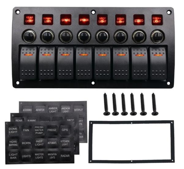 On Off Aluminium Rocker Switch Panel Waterproof 8 Gang 3 Pin Circuit Breaker Overload Protection