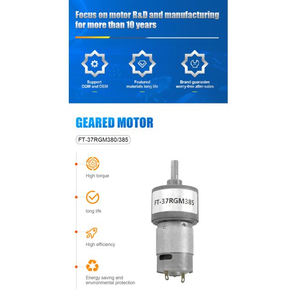 37mm Gear Box with 385 395 Motors High Speed 2-300 Rpm 12V 24V DC Spur Gear Motor