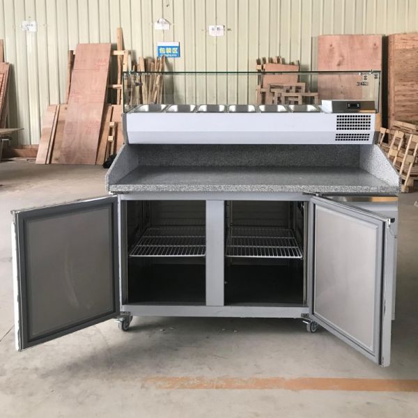Marble Top Stainless Steel Pizza Prep Table Refrigerator Salad Workbench Chiller Worktable With Glass Cover