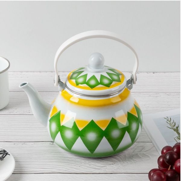 Customized Logo Enamelled Kettle Teapot Coffee Pot With Red Blue Yellow Geometric Pattern