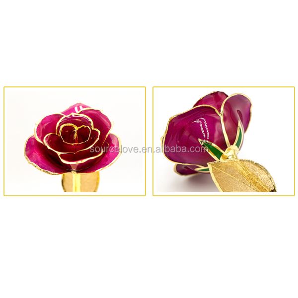 24k Gold Trimmed Purple Rose with Gold Leaf Girlfriend Gift 24k Gold Plated Natural Rose for Valentine's , Mother's Day Gifts